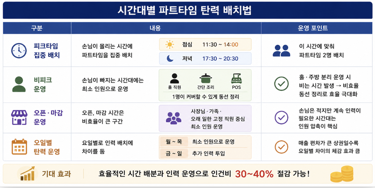 음식점 피크타임 기준 파트타임 인력 탄력 배치로 인건비 절감
