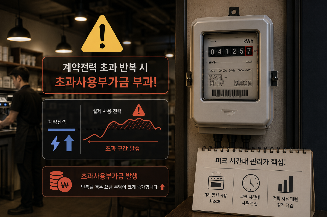 음식점 저녁 피크 시간대 조리기기 동시 가동으로 계약전력 초과 시 전기요금 할증 발생 구조 설명