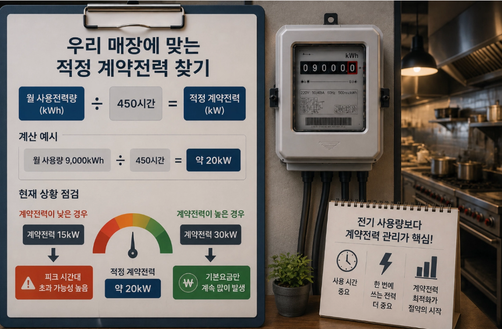 월 사용전력량을 450시간으로 나눠 식당 매장 적정 계약전력을 점검하는 계산식 안내