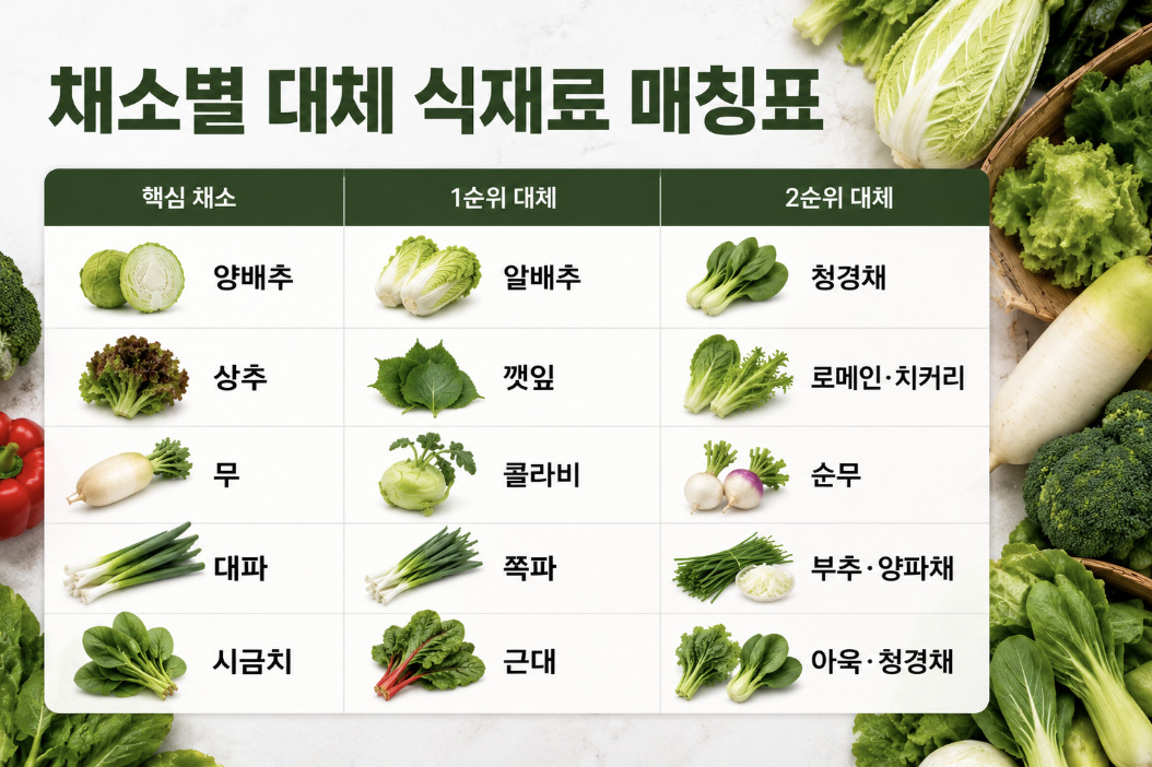 채소별 대체 식재료 및 활용 메뉴 매칭표
