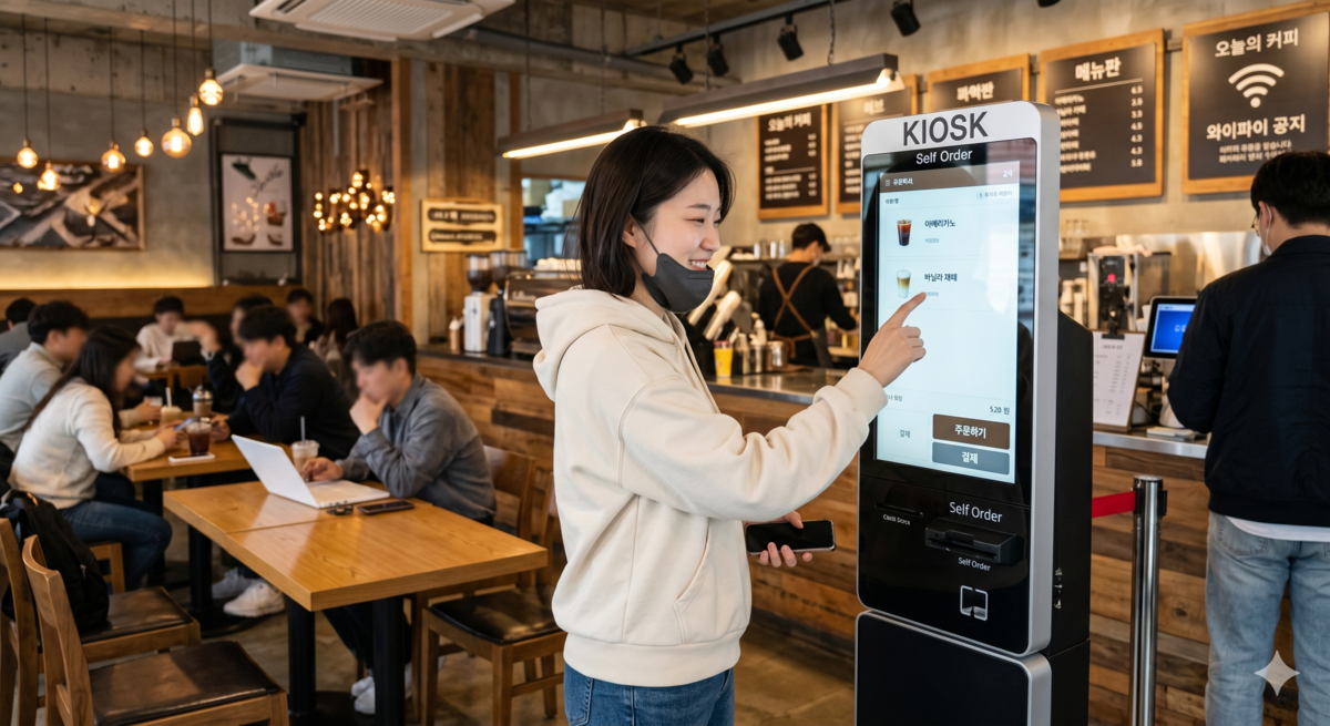 카페에서 키오스크를 이용해 메뉴를 주문하는 여성 고