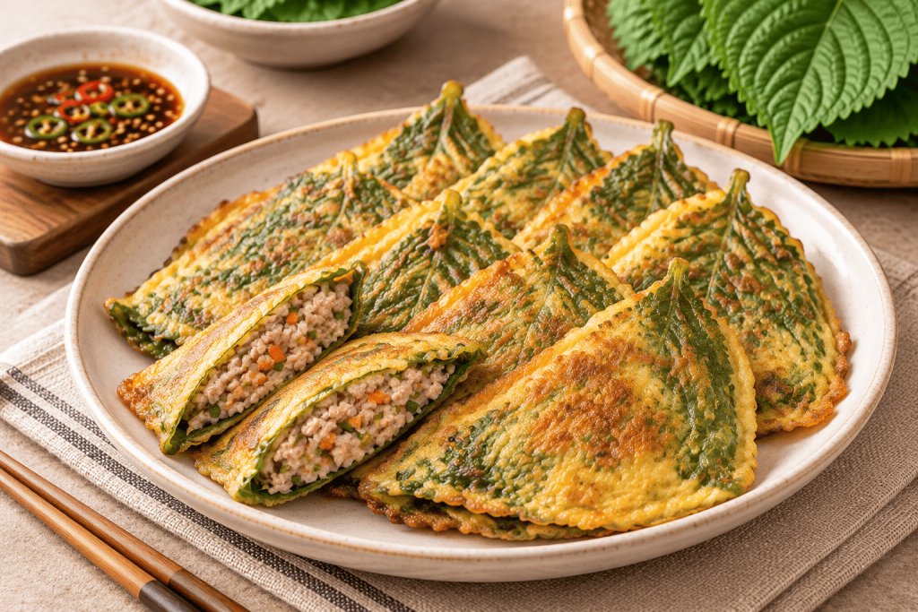 깻잎 사이에 돼지고기와 두부로 만든 소를 채워 부친 깻잎전. 깻잎반찬으로 제격!